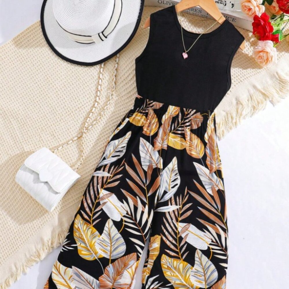 Tween Girl Solid Tank Top & Tropical Print Wide Leg Pants